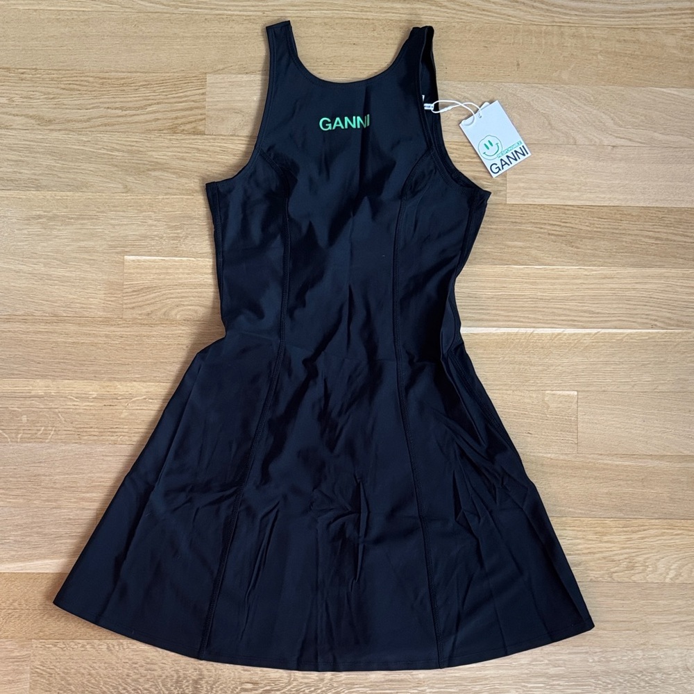 NWT Ganni Black Sleeveless Mini Dress with Green Logo